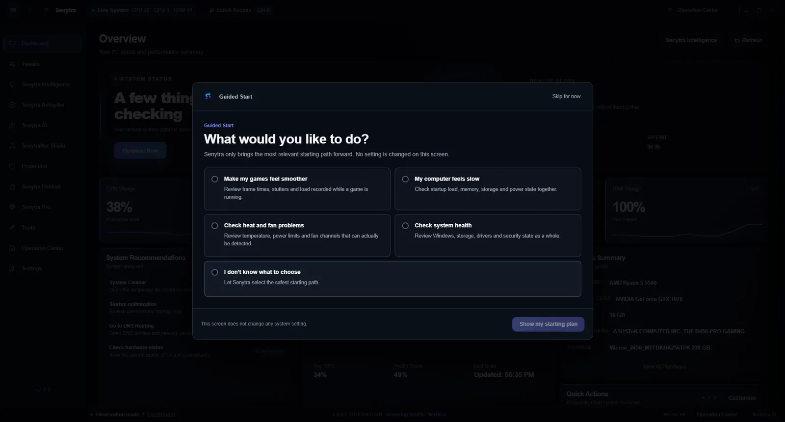 Senytra guided start screen