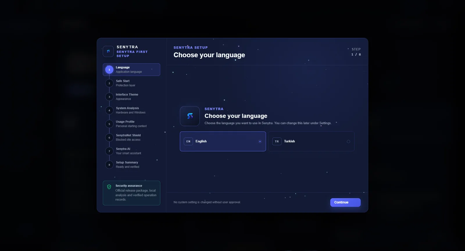Senytra setup screen