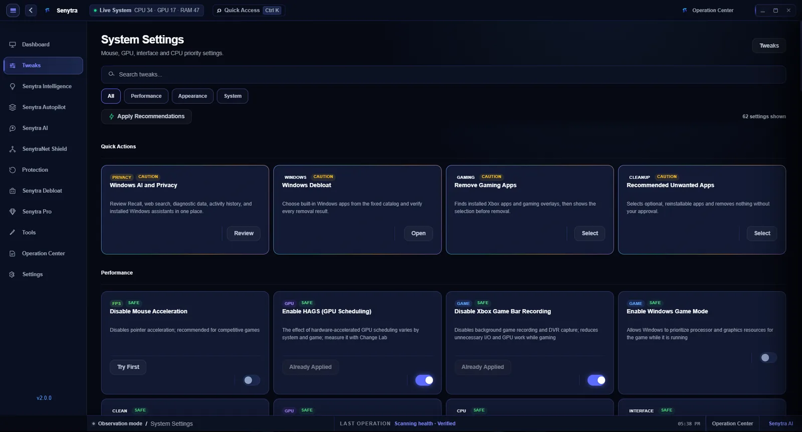 Senytra tweaks screen